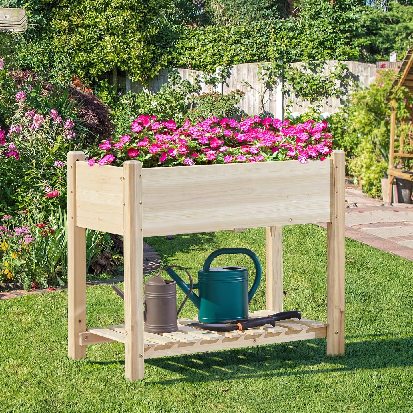 Yaheetech 34x18x30in Raised Garden Bed, Planter Box with Legs & Storage Shelf, Wooden Elevated Vegetable Growing Bed for Backyard, Patio, Balcony