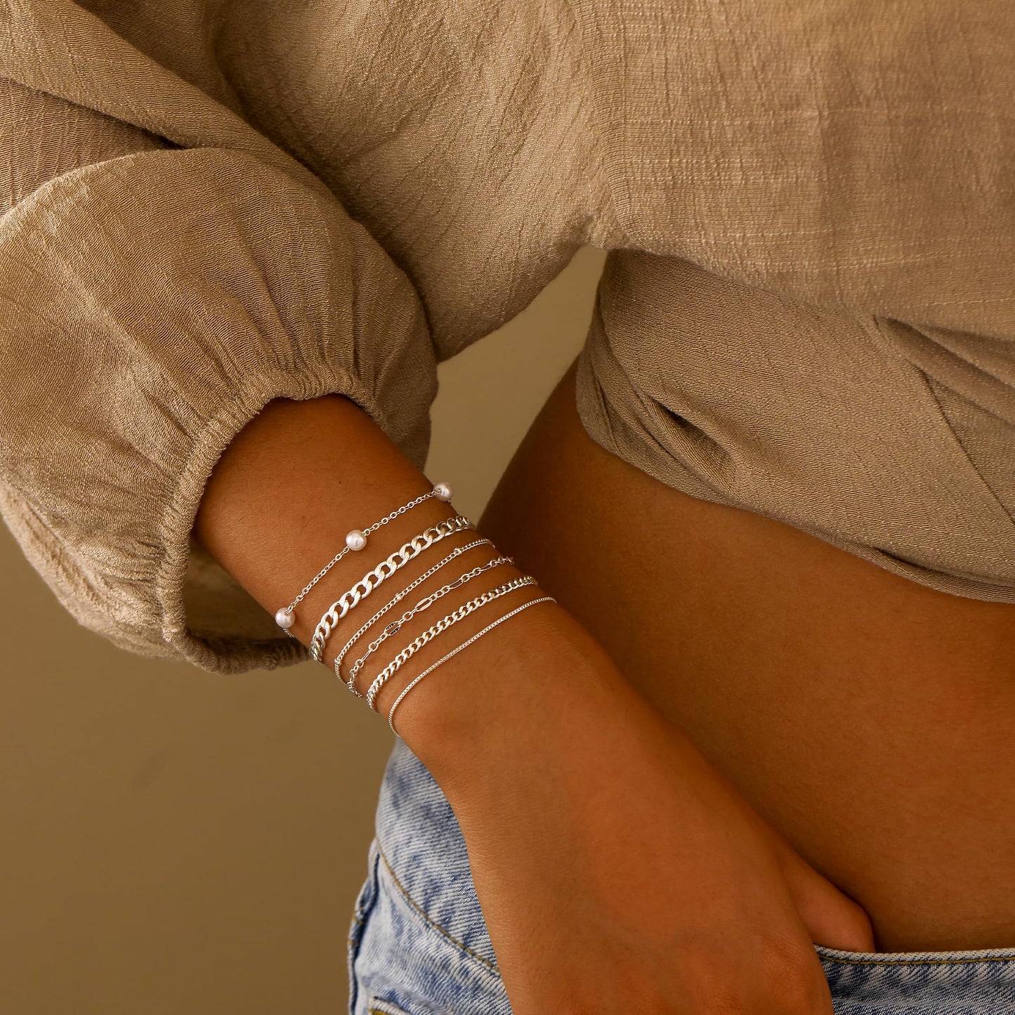 14K Silver Plated Pearl Bracelets for Women Waterproof, Dainty Silver Plated Cuban Link Chain Bracelet Stack Silver Pearl Jewelry Set for Womens Beaded Bracelets Small Simple Cute Thin Prom Wedding Jewelry