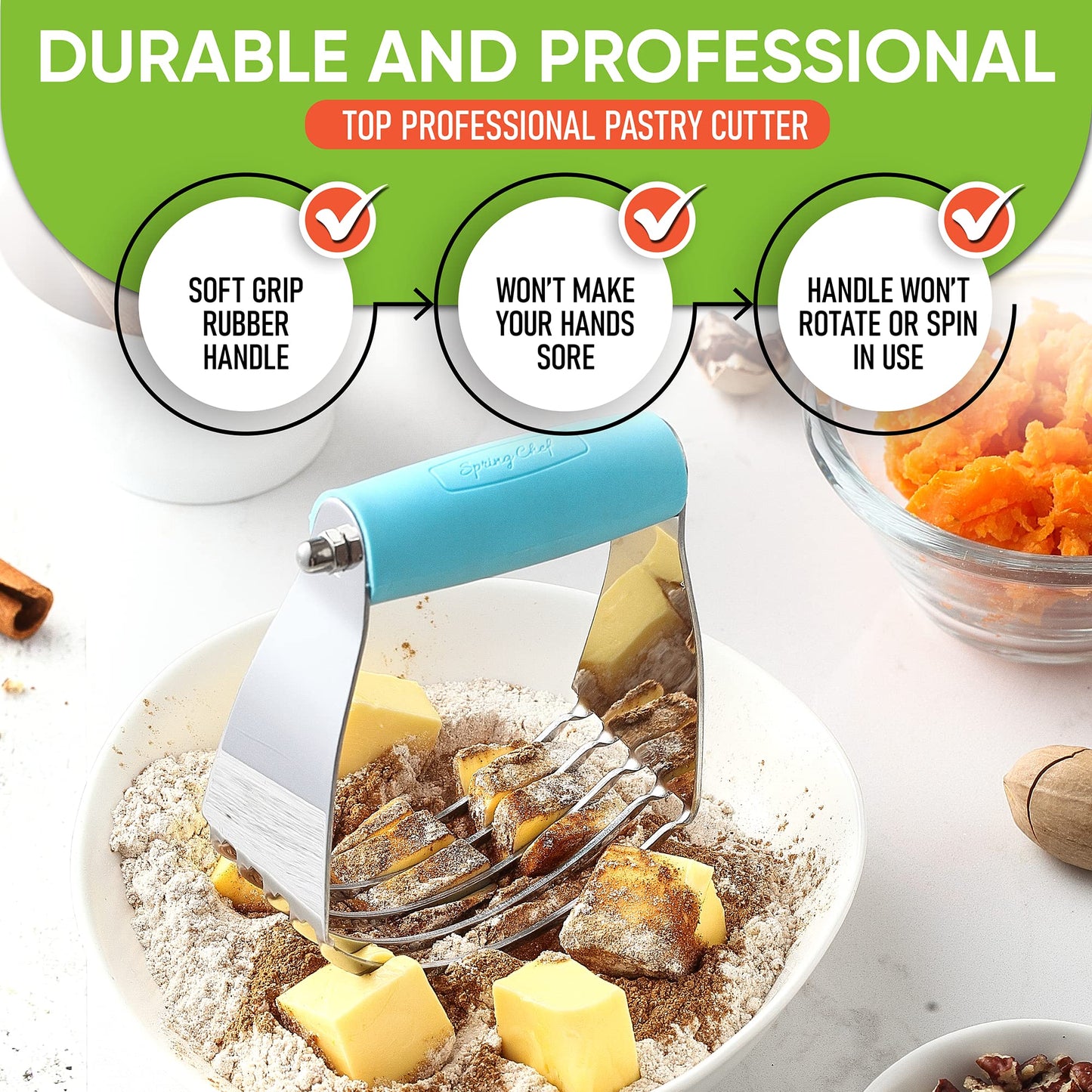 Spring Chef Dough Blender, Top Professional Pastry Cutter, Heavy Duty Baking Tool with Stainless Steel Blades, Medium Size, Aqua Sky