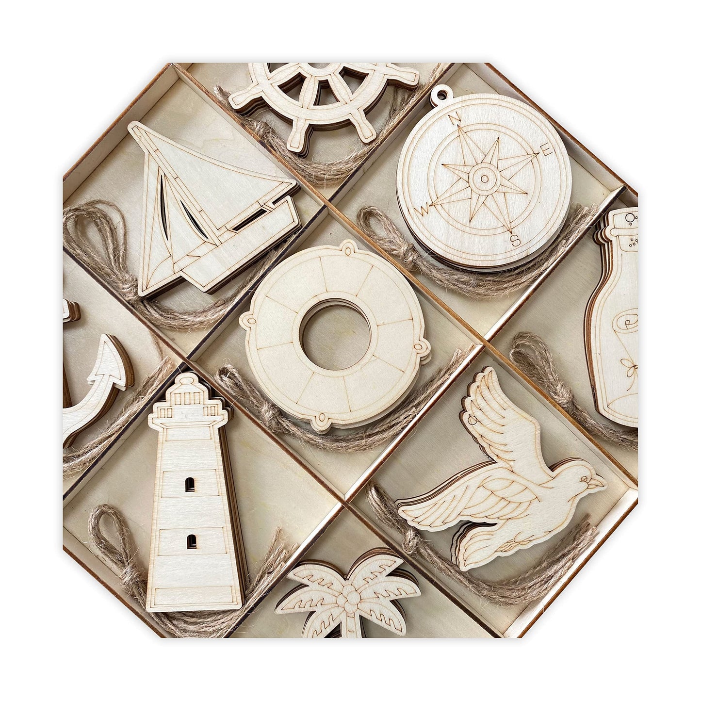 45 Pack Unfinished Nautical Wood Cutouts for Crafts, Wooden Anchor,Sailboat,Ship Wheel,Compass for DIY Project 3.5 Inch 5 Peices Each