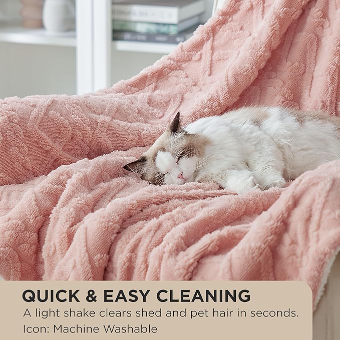 Bedsure Sherpa Fleece Throw Blanket for Couch - GentleSoft Fluffy & Cozy Cable Jacquard Tufted Throw for Women Gift, Thick and Warm Blankets for Winter, Pink, 50x60 Inches