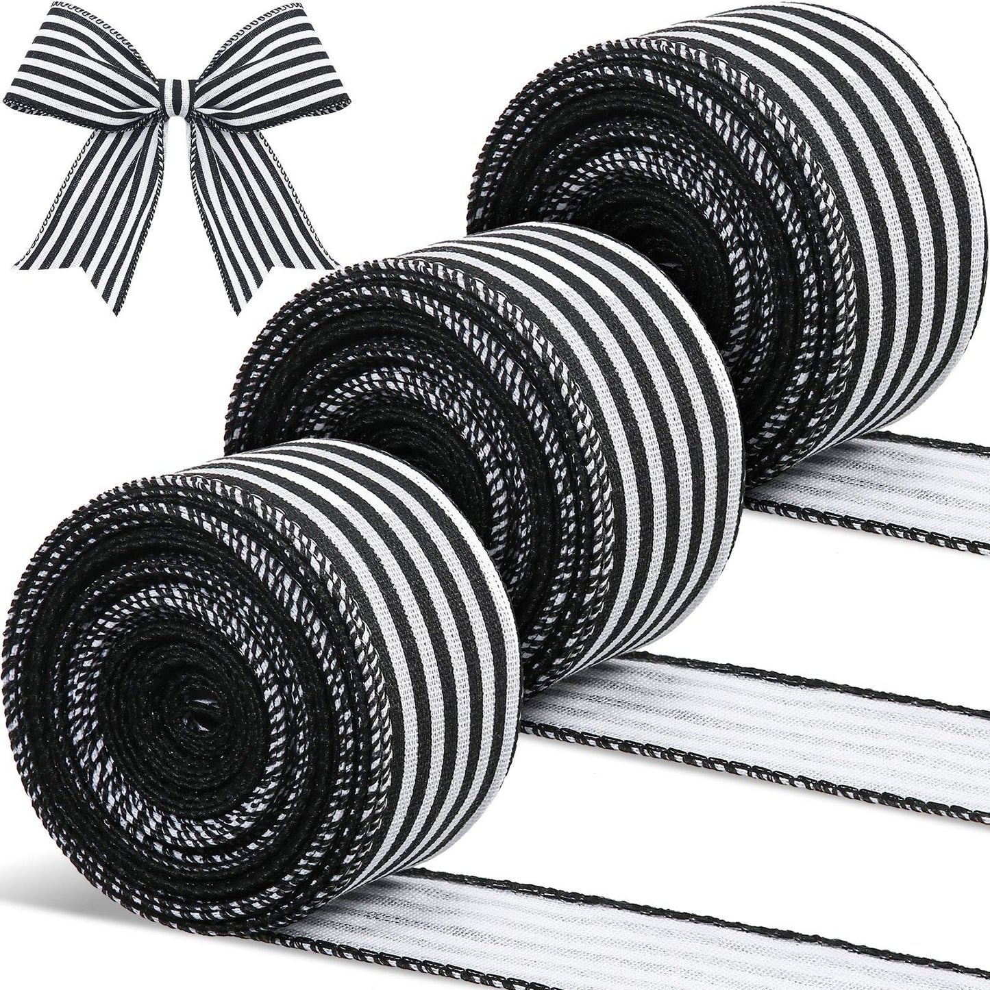3 Rolls 30 Yard x 2 Inch Striped Ribbon Fabric Grosgrain Ribbon Craft Wrapping Striped Ribbons Christmas Wired Edge Ribbons for Christmas Wrapping Embellishments(Black and White Stripe)