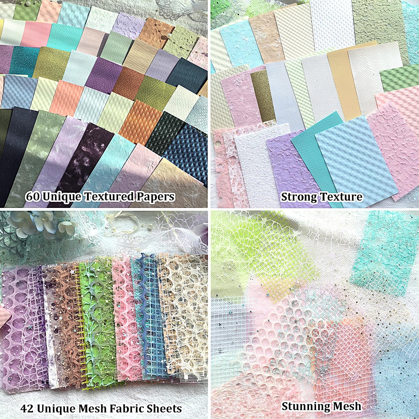 Flartmo 102 Unique Textured Scrapbook Papers and Mesh Fabric Sheets(17 Designs × 6 Colors), Handmade Craft paper for Scrapbooking, Junk Journal, Card Making Supplies, Planner, Collage (5.9" x 3.9")