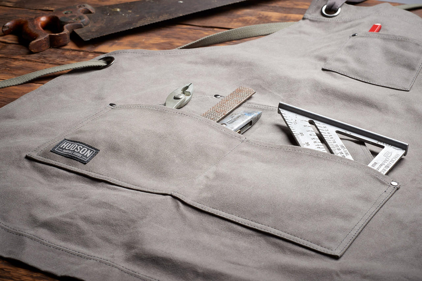 Hudson Durable Goods Heavy Duty Waxed Canvas Work Apron with Tool Pockets (Black), Cross-Back Straps & Adjustable M to XXL (Grey)