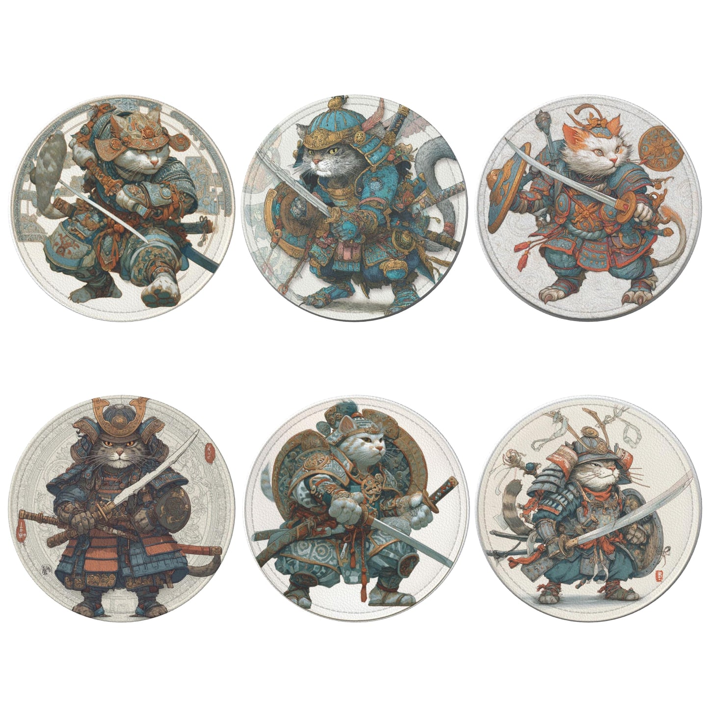 Japanese Cat Coasters Leather Round Drink Coasters 6 Pcs Set with Holderor for Cup Drink Coffee Table Bar Home Decor
