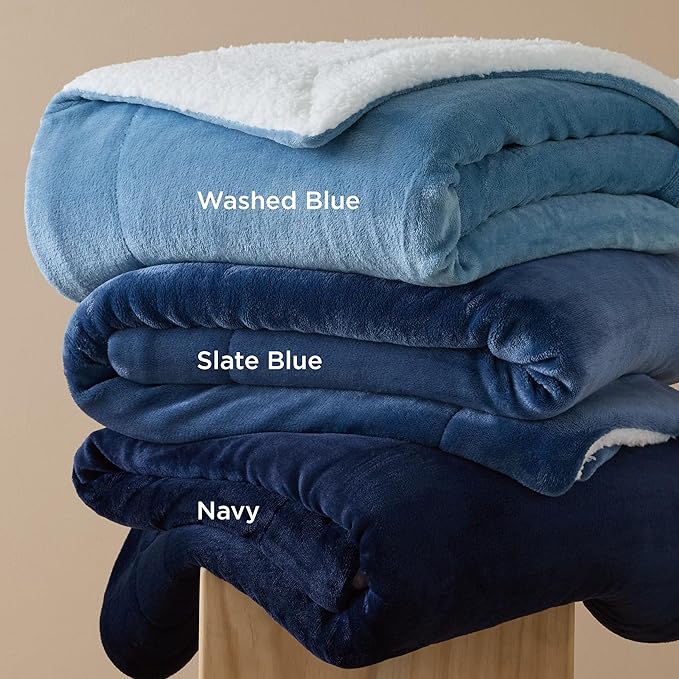 Bedsure Sherpa Fleece Oversized Cal King Blankets for Bed - Thick and Warm, Soft Fuzzy Plush Large Blanket for Winter, Slate Blue, 112x98 Inches