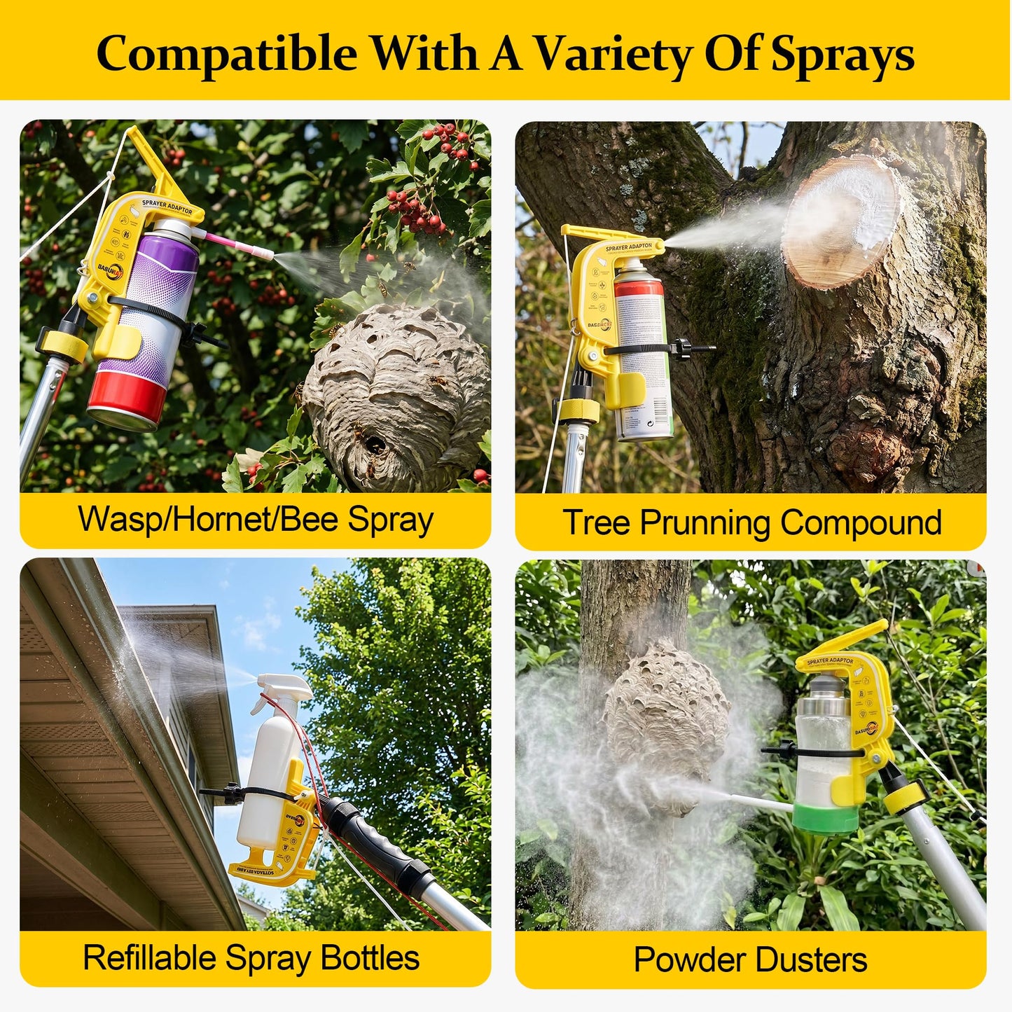 Dasunwat Spray Can Extension Pole Adaptor,Adjustment Sprayer Bracket Adaptor for Wasp/Hornet/Bee Spray Long Range,Spray Paint,Window Cleaner,Tree Pruning Sealer Spray,Spray Can Trigger Handle(Yellow)