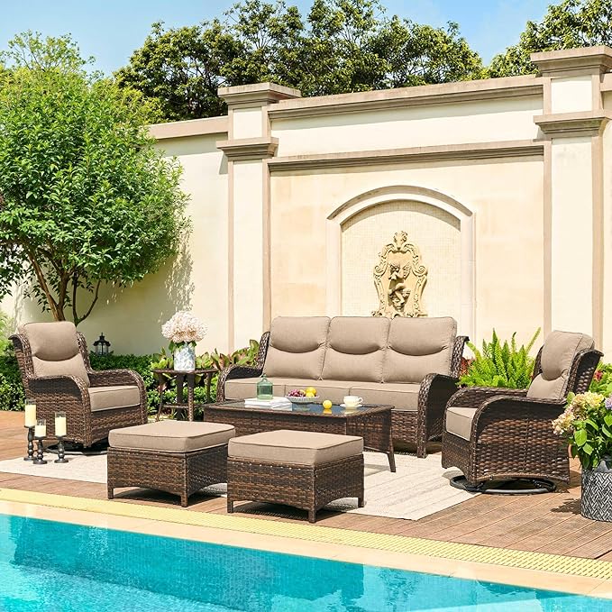 HILLGA Luxury Patio Furniture Set with 6-Inch Thick Cushions, High Back Outdoor Swivel Rocker Chairs and Patio Couch, 7-Piece All Weather Conversation Set for Porch Deck Pool Yard, Beige (V3)
