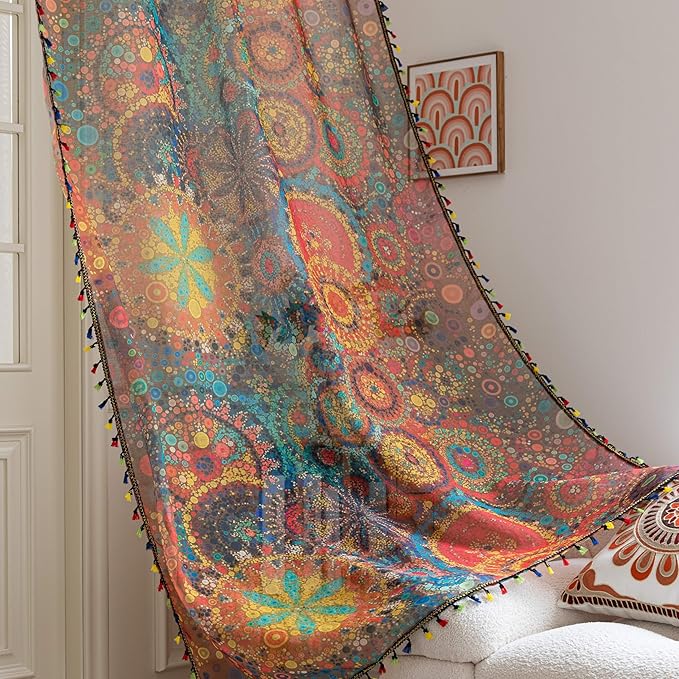 Dot Colorful Sheer Curtains 102 inch Long, Fringed Edges and Textured Semi Sheer Curtains Large Window Treatments for Living Room/Bedroom, 2 Panels