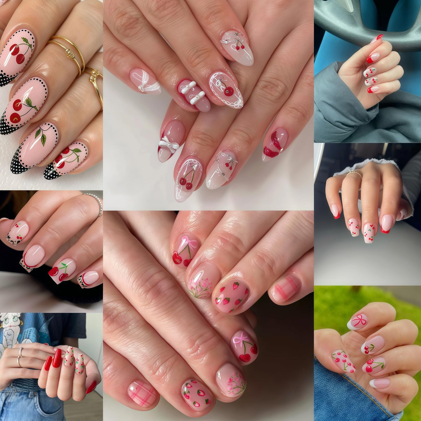 6 Sheets Summer Cherry Nail Art Stickers Cute Bunny Bowknot 3D Fruit Cherry Strawberry Design Suitable for Women and Girls Acrylic Nail Art Decoration