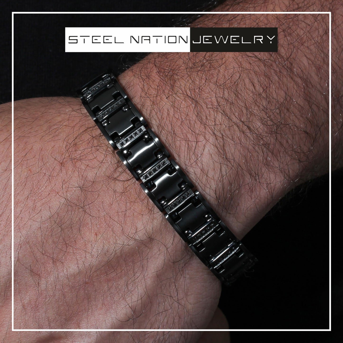 Men's 14MM Wide Black Stainless Steel Link with 0.50ctw Black Diamond Satin Finish 8.5" Bracelet