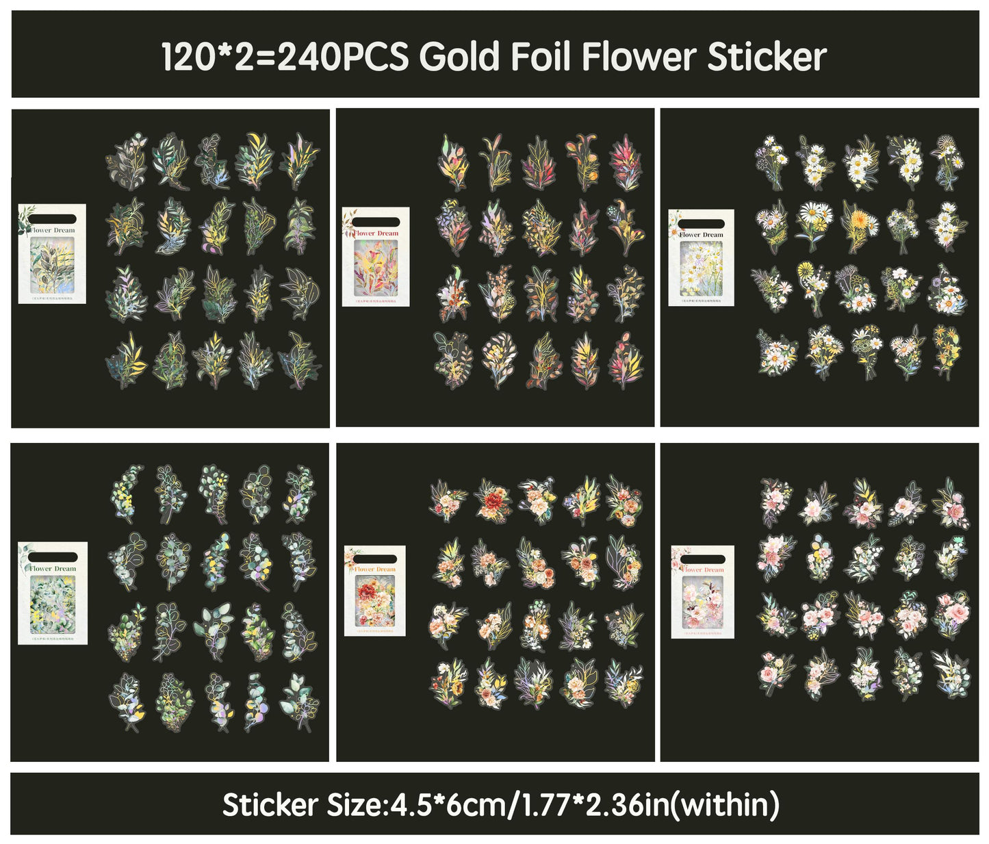 240 Pieces Gold Foil Botanical Stickers, Maxleaf Holographic Transparent Waterproof Flower Eucalyptus Scrapbooking Sticker, Floral Decals for Journaling Planner Card Making DIY Crafts
