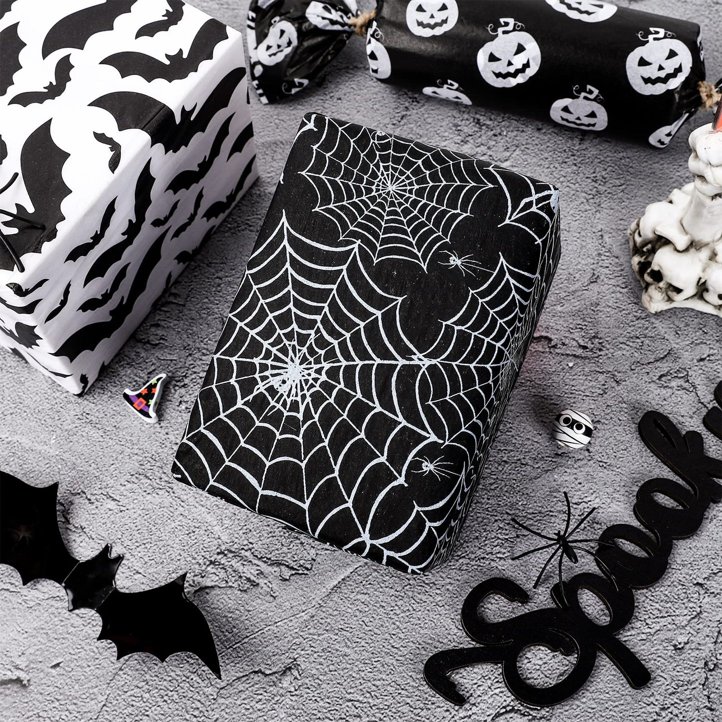Whaline 120 Sheet Halloween Tissue Paper Black and White Wrap Tissue Paper with Cobweb Bat Pumpkin Pattern Gift Wrapping Paper for Fall Halloween Party Gift Packing DIY Craft, 13.8 x 19.7 Inch