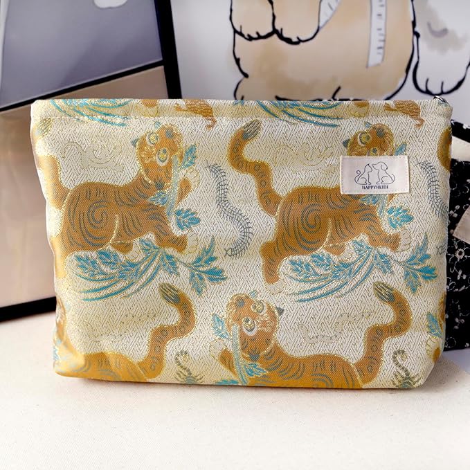 HAPPYHEIDI Cute Pouch Makeup Bag Cosmetic Toiletry Travel, Tote Purse Organizer, Machine Washable, Large Capacity, Champagn Golden Brown Baby Tiger
