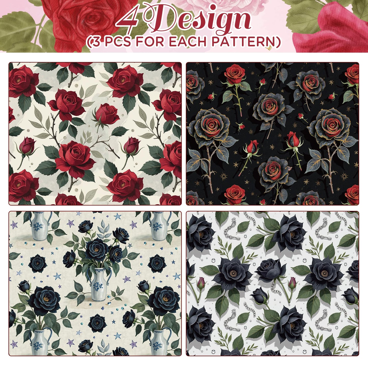 Liobelon Gothic Rose Wrapping Paper - 12 Sheets Dark Black & Red Roses Designs, Horror Goth Aesthetic Flower Gift Wrap for Gothic Birthday, Mother's Day, Wedding, Anniversary, 19.7 x 27.6 In.
