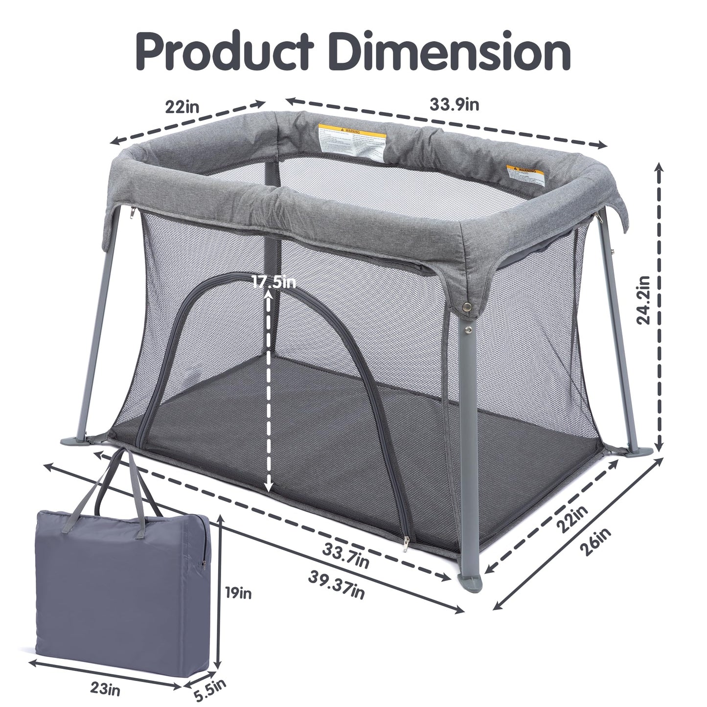 CAPAKIDDO Lightweight Travel Crib - Portable Baby Playard，Foldable Play Yard with Zipper Door, No Tools Setup, Compact for On-The-Go