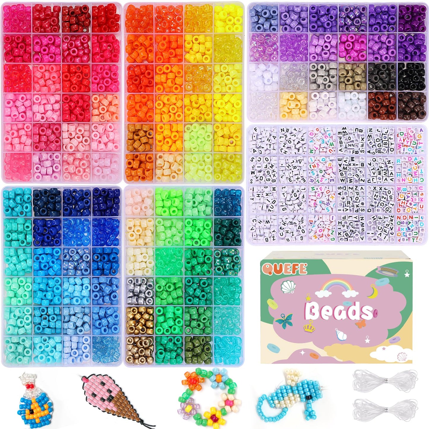QUEFE Bracelet Making Kit 6 Boxes 120 Colors Pony Beads Kandi Beads Kit 4700pcs Kandi Starter Kit Rave Beads Friendship Bracelets with Letter Bead Pony Beads Kit for Beginners
