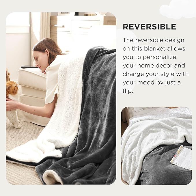 Bedsure Sherpa Fleece Oversized Cal King Blankets for Bed - Thick and Warm, Soft Fuzzy Plush Large Blanket for Winter, Charcoal, 112x98 Inches