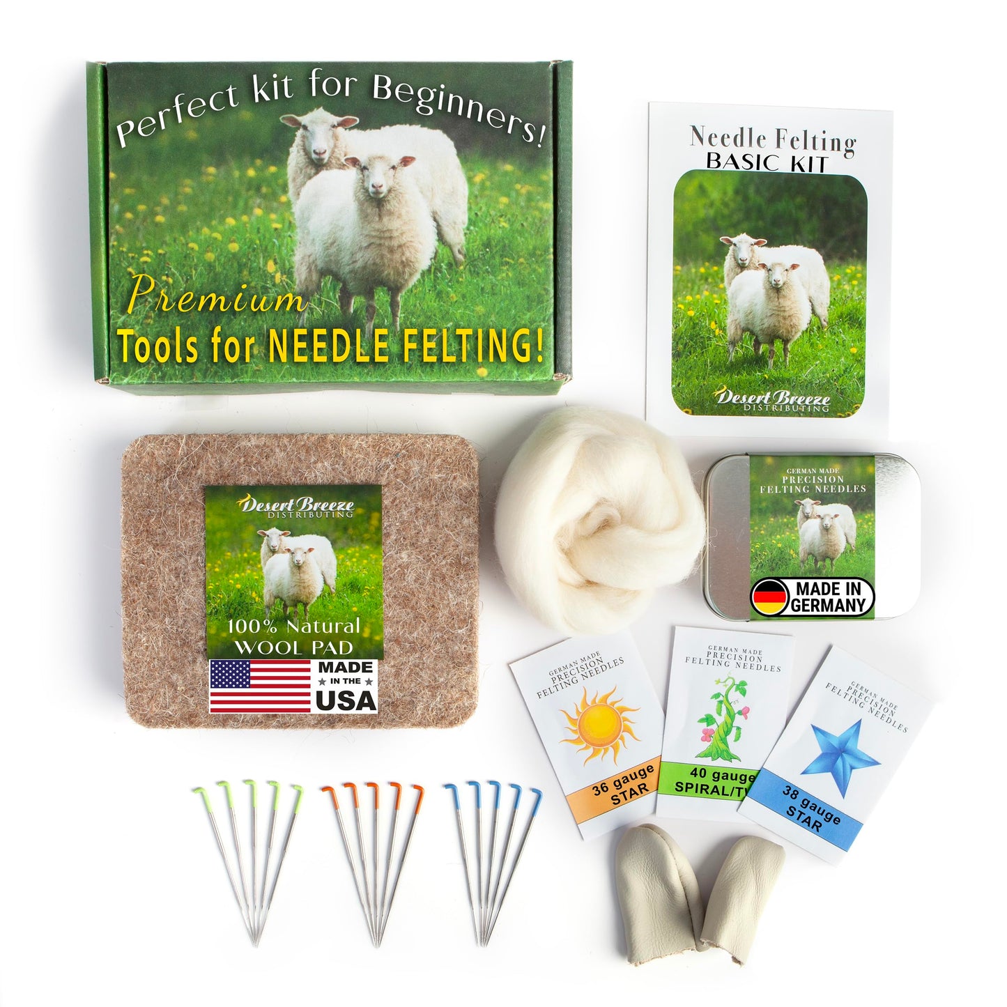 Desert Breeze Distributing Basic Tools Needle Felting Kit | Premium Wool Felting Supplies for Beginners & Adults – 15 Groz-Beckert Felting Needles, Wool Pad, Leather Finger Guards & Storage Case