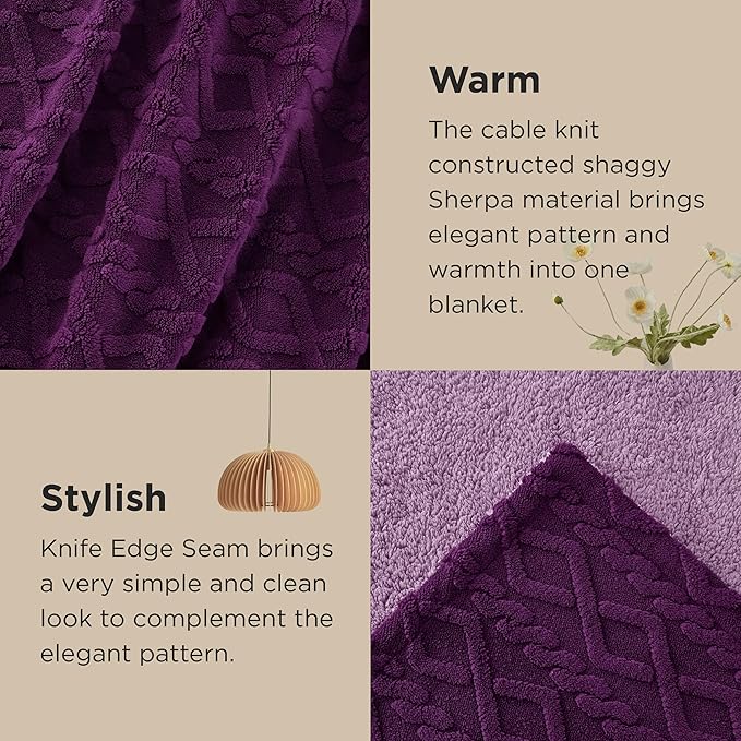 Bedsure Sherpa Fleece Blanket Twin Size for Bed - GentleSoft Fluffy & Cozy Cable Jacquard Tufted for Women Gift, Thick and Warm Blankets for Winter, Purple, 60x80 Inches