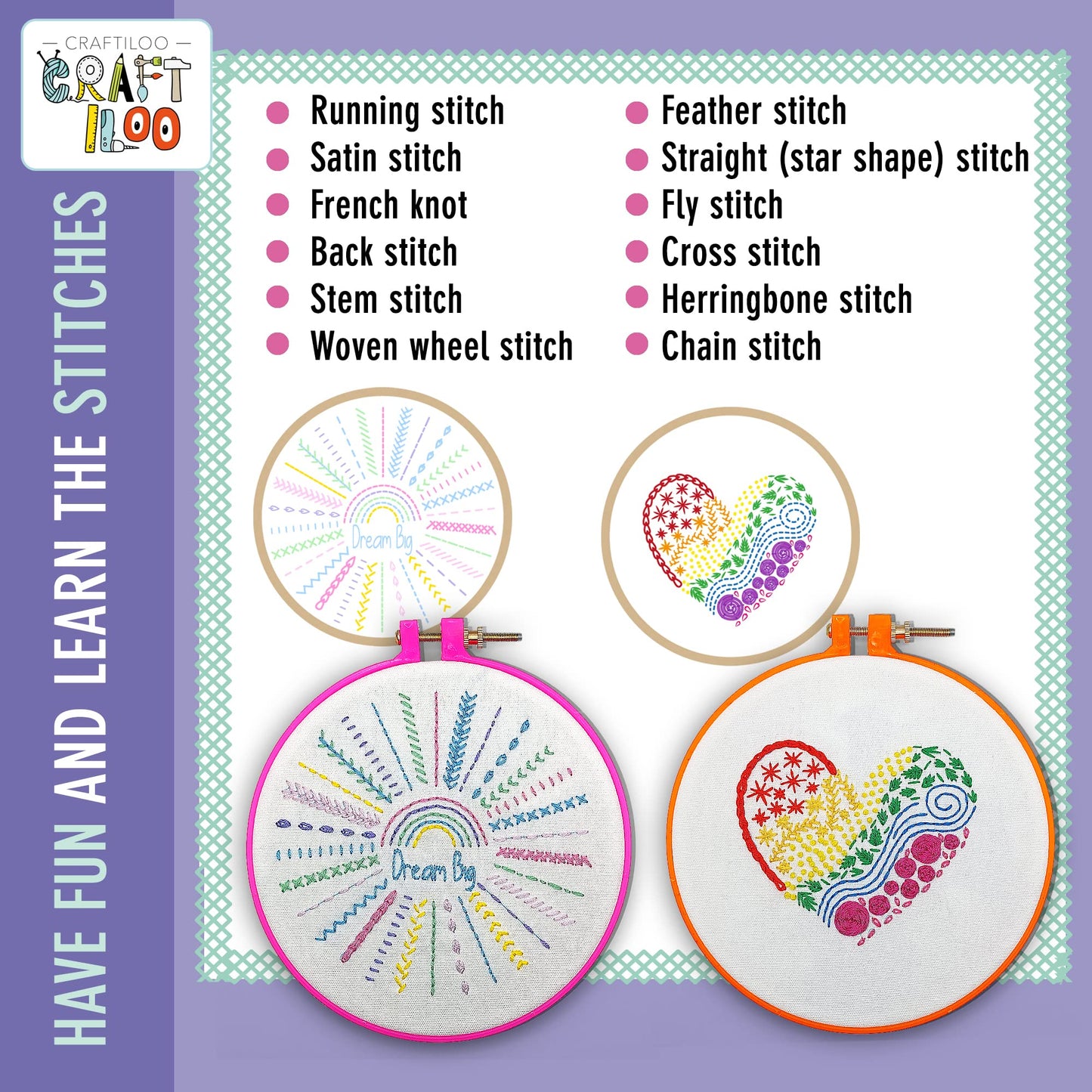 10 Pre-Stamped Embroidery Patterns for Beginners Embroidery Kit for Kids Girls Needlepoint Kits for Beginners Cross Stitch Craft Sewing Perfect for Ages 7-13
