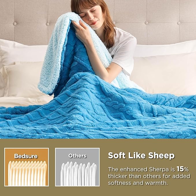 Bedsure Sherpa King Size Blanket for Bed- GentleSoft Fleece Fluffy & Cozy Cable Jacquard Tufted for Women Gift, Thick and Warm Blankets for Winter, Horizon Blue, 108x90 Inches