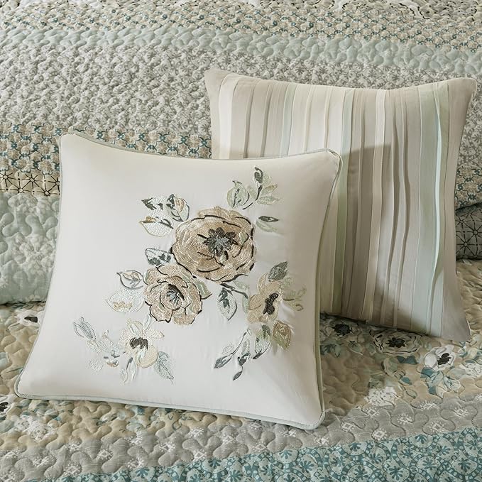 Madison Park 100% Cotton Quilt Set Floral Print, Double Sided Stitching, All Season, Lightweight Coverlet Shabby Chic Bedding Layer, Matching Shams, King/Cal King(104"x94"), Green Yellow 6 Piece