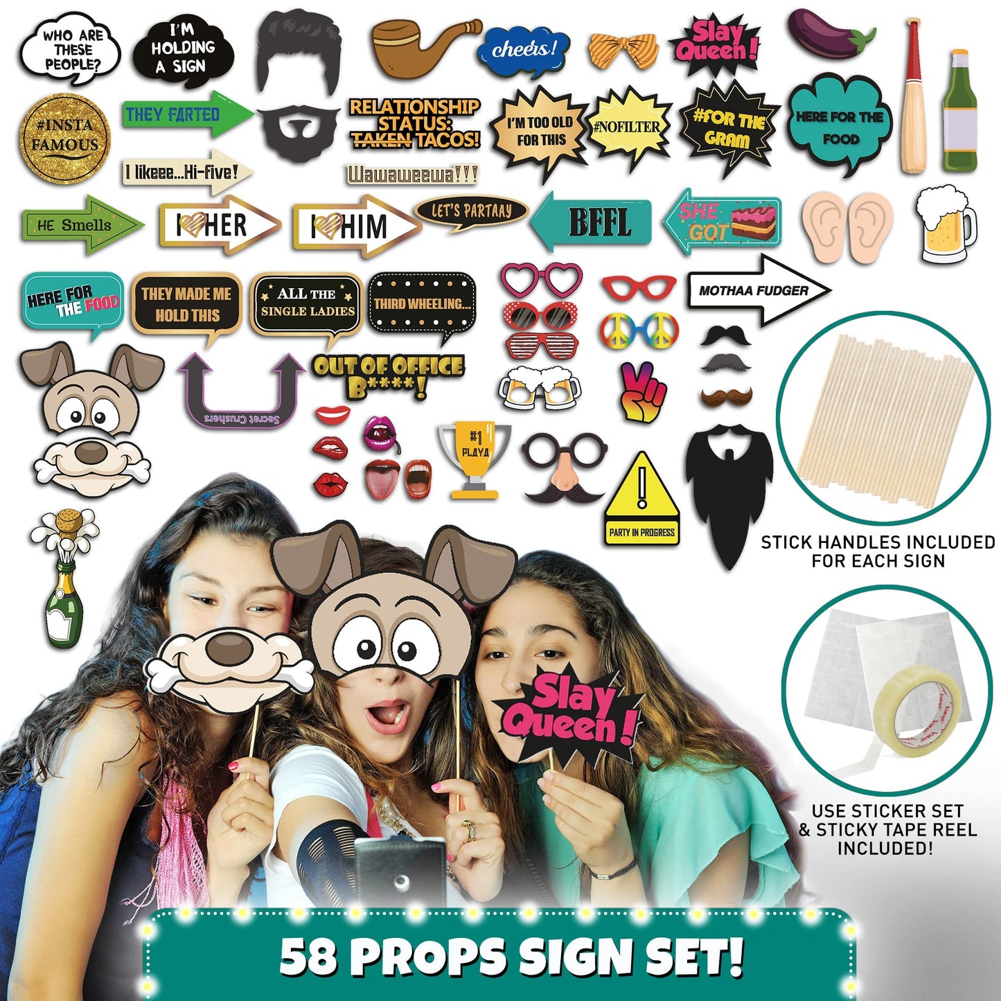 SOUL SHIFT 70 Pc Large Premium Photo Booth Props Set for All Occasions - Wedding Props, Birthday Props, Graduation Prop, Inflatables, Large Glasses, Multi-Colored Wig, Hawaiian Lei, Hand Pump