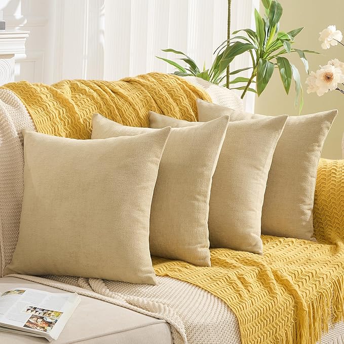 GAWAMAY Decorative Square Throw Pillow Covers 18x18 Inch Set of 4, Super Soft Chenille Pillows Cover Fall Pillowcase for Living Room Bedroom Sofa Couch Cushion Cover Khaki 45x45cm (No Insert)