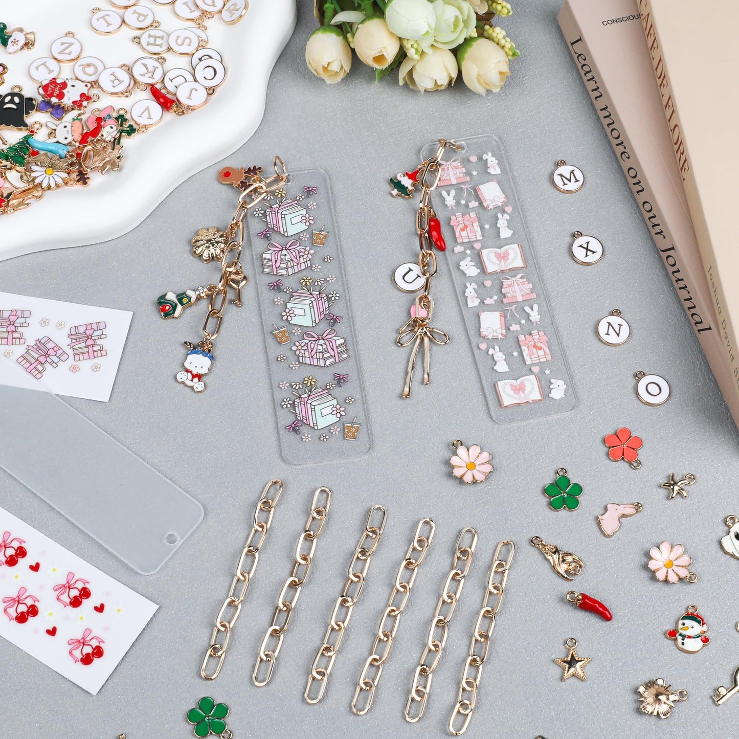 106 Pcs Bow Acrylic Bookmark Blanks(2mm) Thicken 8 DIY Bookmark Making 10 Bow UV DTF Sticker 20 Charms 8 Extender Chains and 60 Jump Ring Suitable for DIY Crafts Gifts