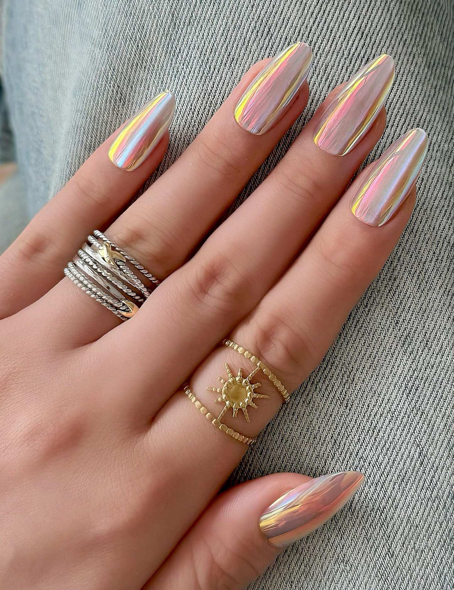 Aurora Chrome Press On Nails Medium Almond, Mirror Metallic Y2K Glow, 30pcs Reusable False Nail Kit by Nailinism