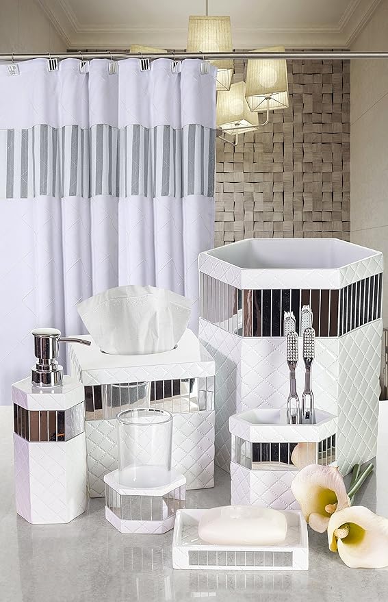 Creative Scents Quilted Mirror White Bathroom Trash Can 1.58 Gal / 6L – Decorative Waste Basket for Bathroom - Space Friendly Mirrored Wastebasket Bin, for Elegant Powder Room or Bedroom Decor