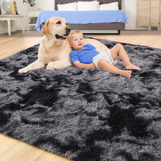 Tepook Soft Fluffy Rugs for Bedroom, 4x6 Area Rug for Living Room, Modern Shaggy Room Rug for Kids Boys Girls, Plush Throw Rugs Indoor Nursery Home Decor Rug with Non-Slip Bottom, Tie-dye Dark Grey
