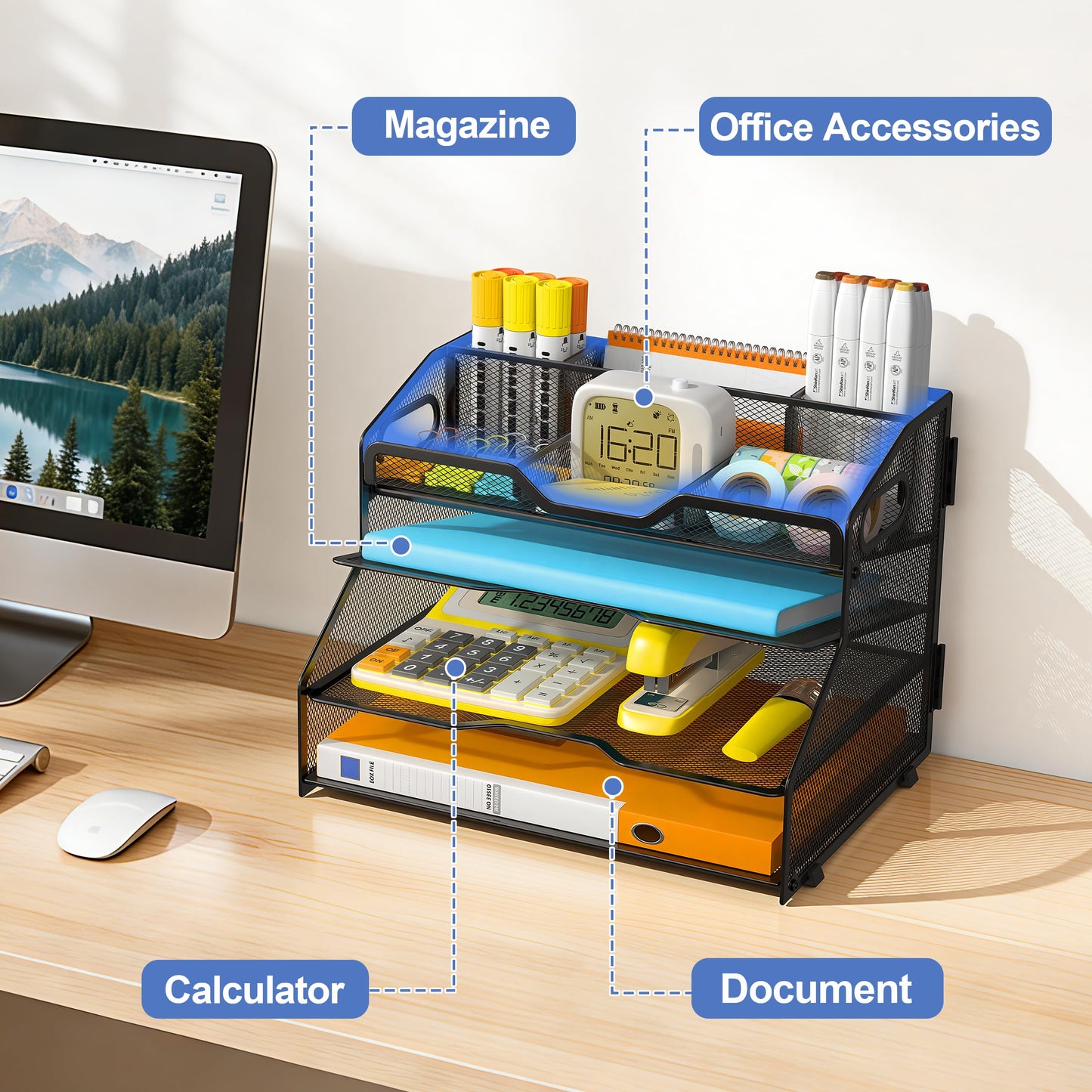 NextFile 4 Tier Desk Orgnizers and Accessories, Metal Magazine File Holder with Pencil Holder and Handles, Space Saving Desktop Storage for School Office Supplies(Black)