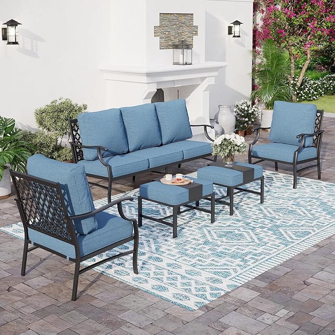 5 Piece Metal Outdoor Patio Furniture Set, Patio Conversation Sets 1 3-seater Sofa, 2 Fixed Chair, 2 Ottomans with 5.75" Thick Cushion, Black All-weather Frame Backyard Furniture, Navy