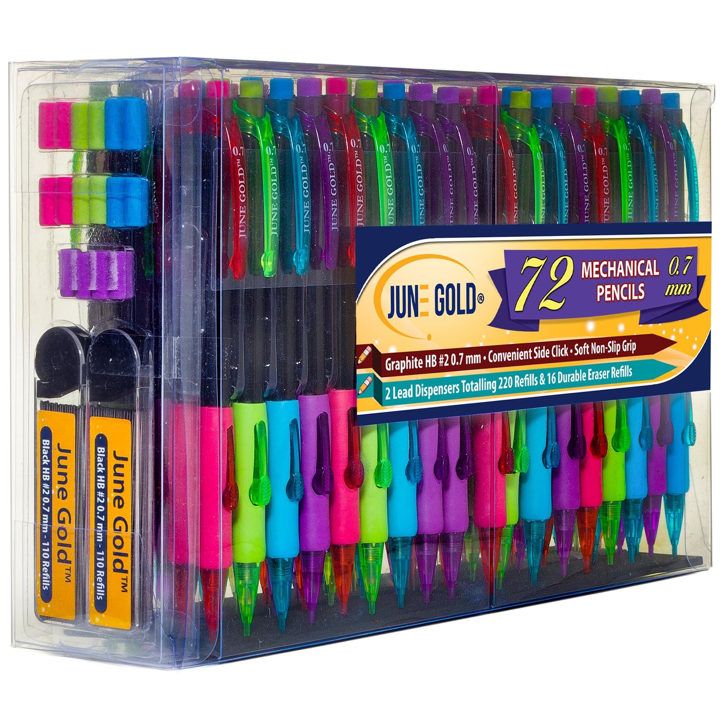June Gold 72 Mechanical Pencils, 0.7 mm HB #2 Lead, 2 Dispensers/w 220 Graphite Refills & 16 Refill Erasers, Break Resistant Lead, Convenient Side Click & Soft Non-Slip Grip