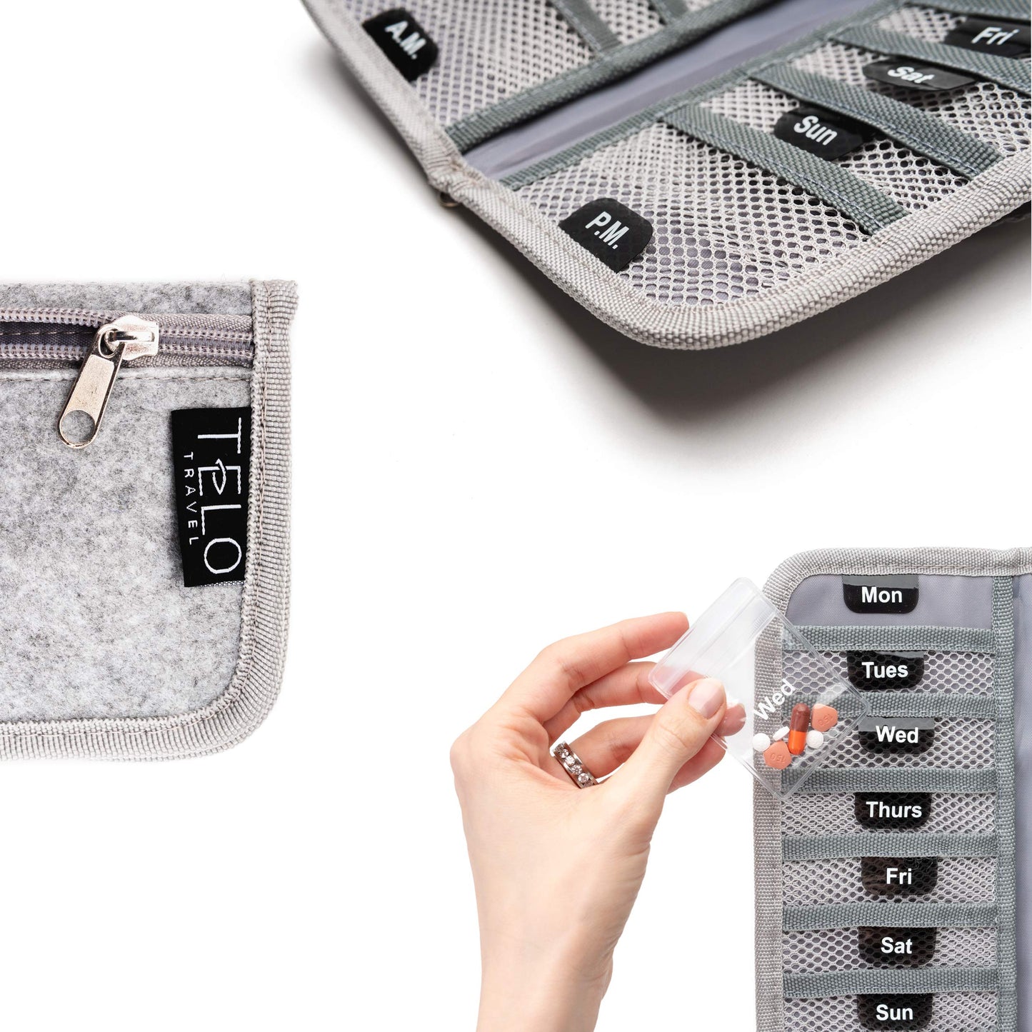 TeloTravel AM/PM Bi-Folding Pill Organizer + Supplement Case for OTC Medicine, Prescription + Vitamins - 14 Labeled Monday-Sunday Slide Lock Pouches, Grey Travel Pill Case