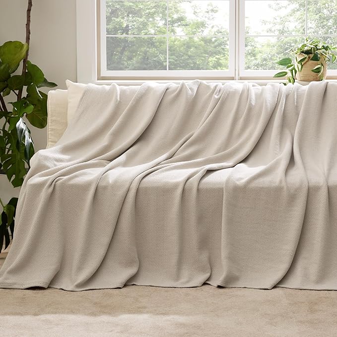 Bedsure 100% Cotton Large Throw Blanket for Couch 50x70 inches - Breathable and Lightweight, Soft Cozy Herringbone Woven Blanket for Summer Spring, Linen Beige
