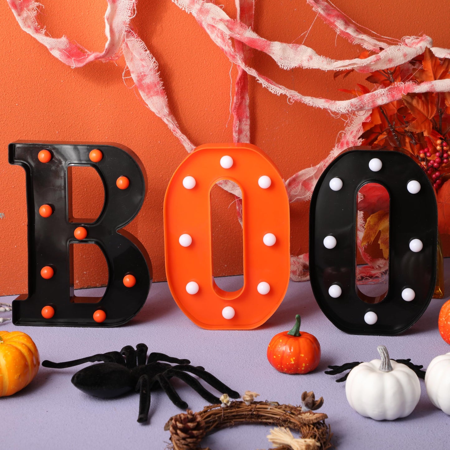 Grinsvalley Halloween Decorations Set Include 3 Boo Marquee LED Light up Letters with 72 Pcs Halloween 3D Bat Stickers Decor Boo Signs Light for Home Fireplace Room Desk Mantel Wall Table Party