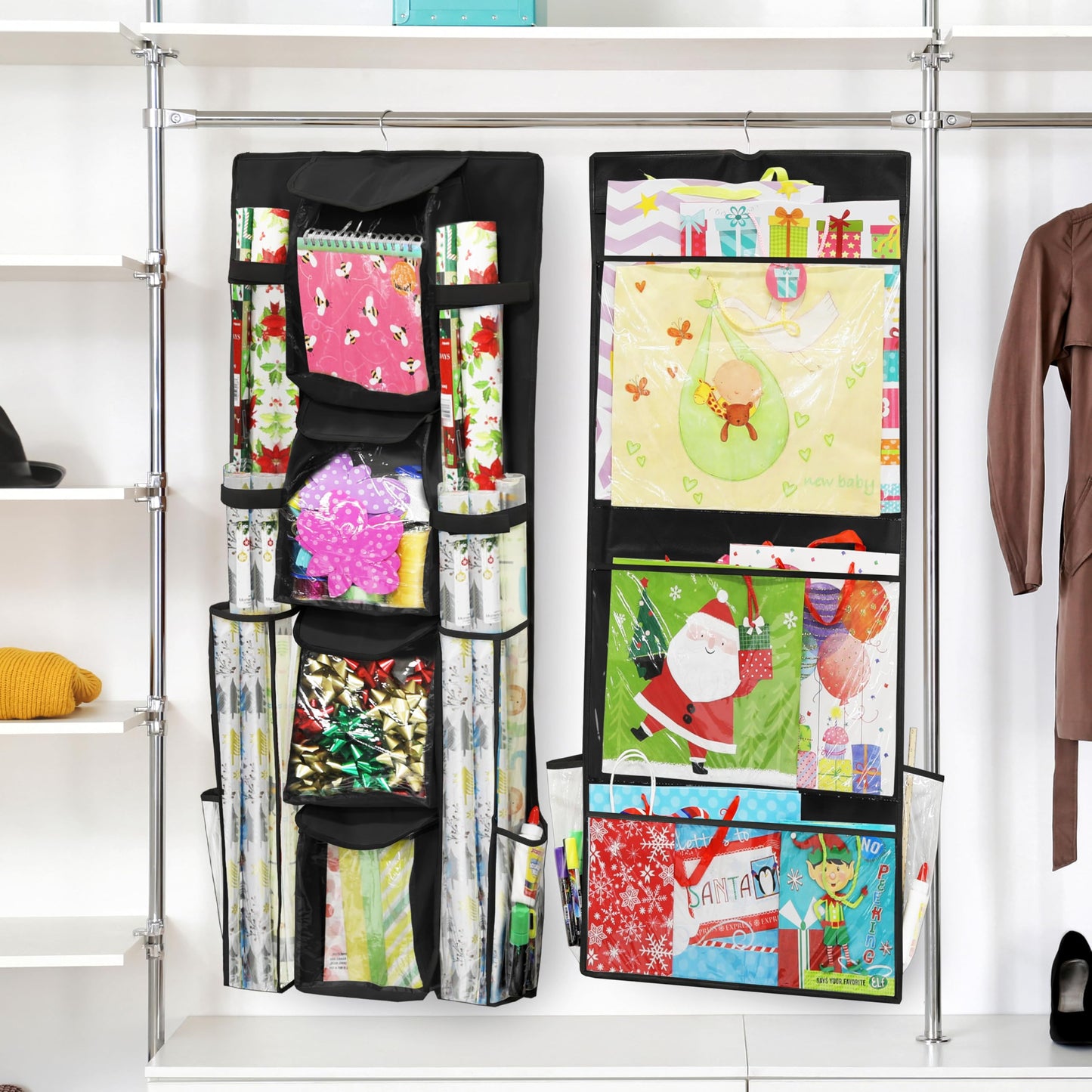 Simple Houseware Double-Sided Hanging Gift Wrap Organizer Storage Pockets, Black (Set of 1)