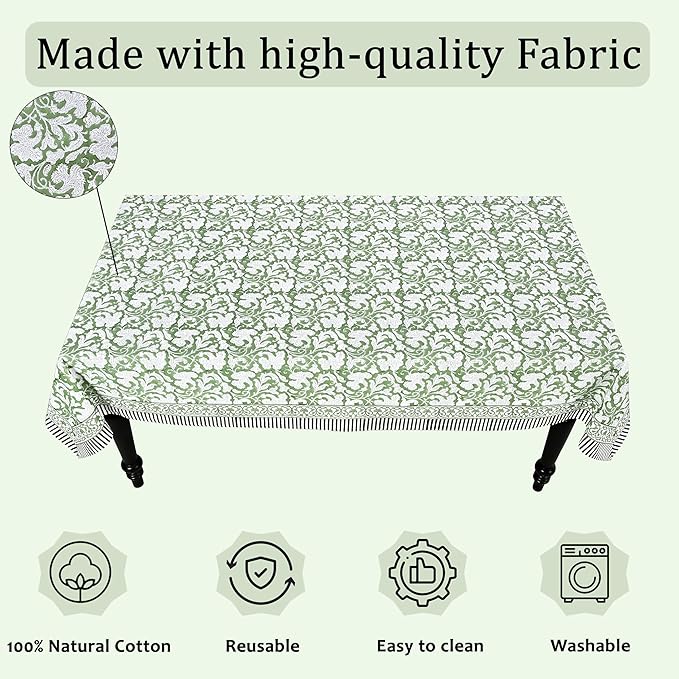Ridhi Hand Block Print Sage Green Rectangle Cotton Tablecloth 118" x 70" Reusable Table Cover Decorative Everyday Use for Dining, Farmhouse, Home Gift for Spring, Easter, Valentine
