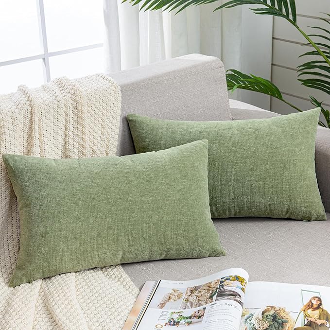 GAWAMAY Lumbar Decorative Rectangle Throw Pillow Covers 12"x20" Inch Set of 2, Super Soft Chenille Throw Pillowcase for Sofa Living Room Bedroom Couch Cushion Cover Sage Green 30x50cm (ONLY Covers)