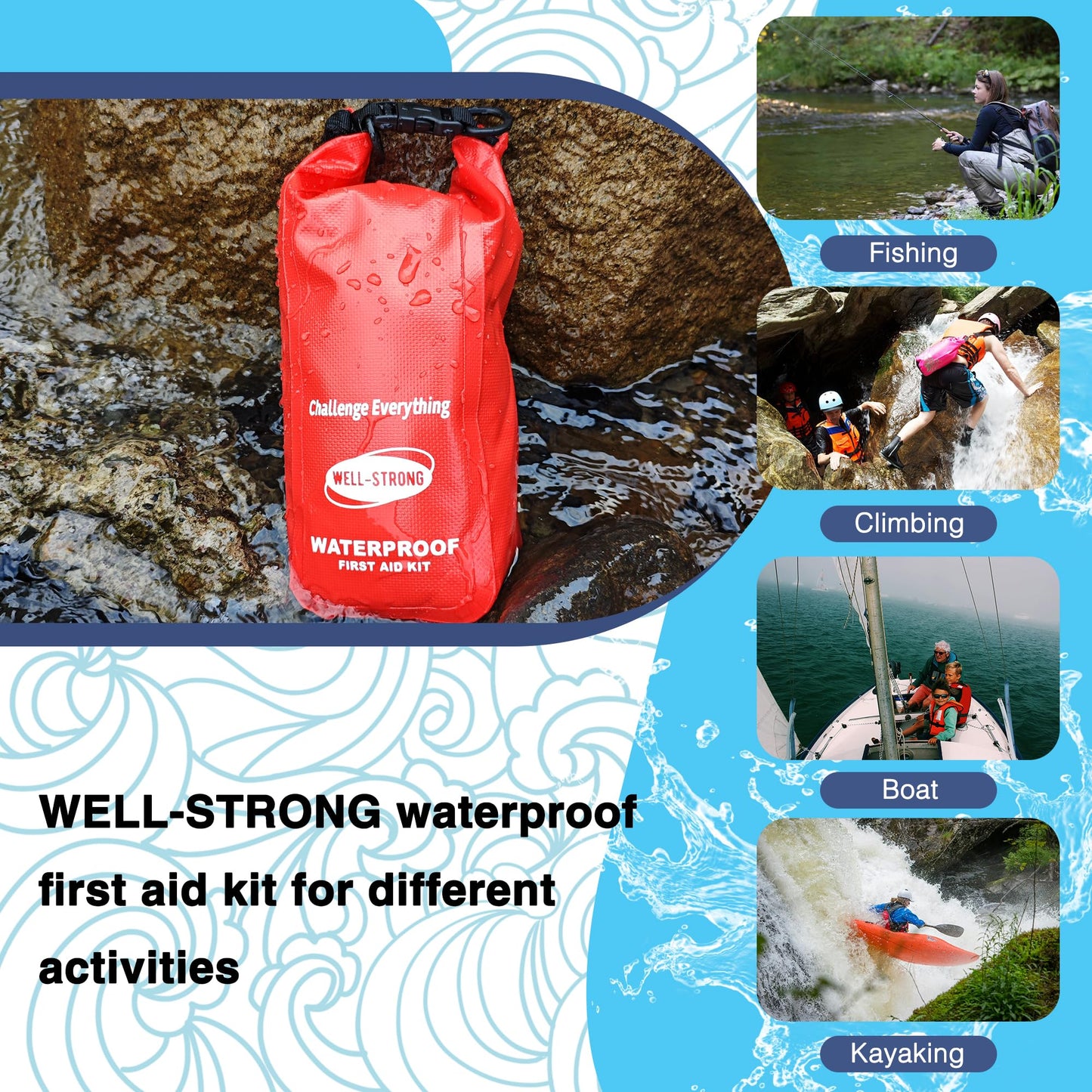 WELL-STRONG Waterproof First Aid Kit Roll Top Boat Emergency Kit with Waterproof Contents for Fishing Kayaking Boating Swimming Camping Rafting Beach Red