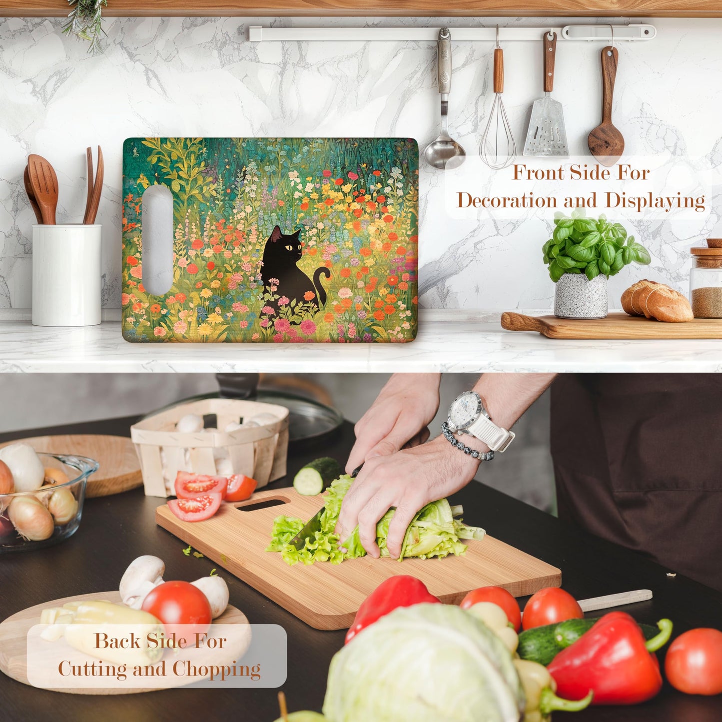 WARDOS Floral Black Cat Cutting Chopping Board, Cat Lovers Mom Lady Gifts, Wildflower Black Kitten Kitty Bamboo Cutting Boards for Spring Kitchen