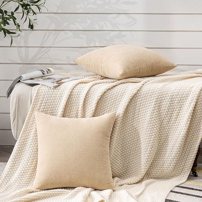 GAWAMAY Decorative Throw Pillow Covers 16x16 Inch Set of 2, Super Soft Chenille Square Pillows Farmhouse Fall Pillowcase for Living Room Bedroom Sofa Couch Cushion Cover Beige 40x40cm (No Insert)