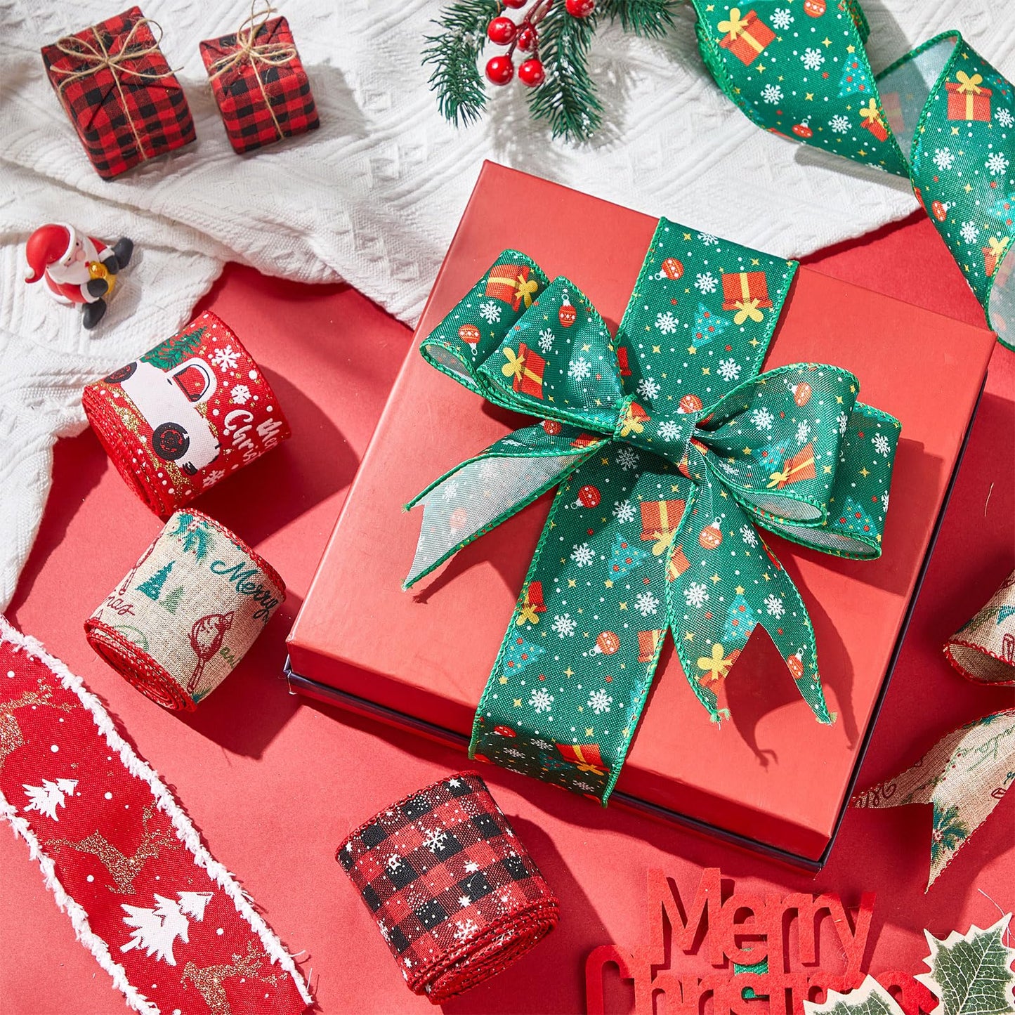 Woanger 10 Rolls Christmas Ribbon Include 5 Roll Wreath Mesh Ribbon Decor 5 Roll Christmas Wired Ribbon Stripe Rolls Metallic Poly Red Green White Decoration Ribbon for DIY Wrapping Craft Wreath Party