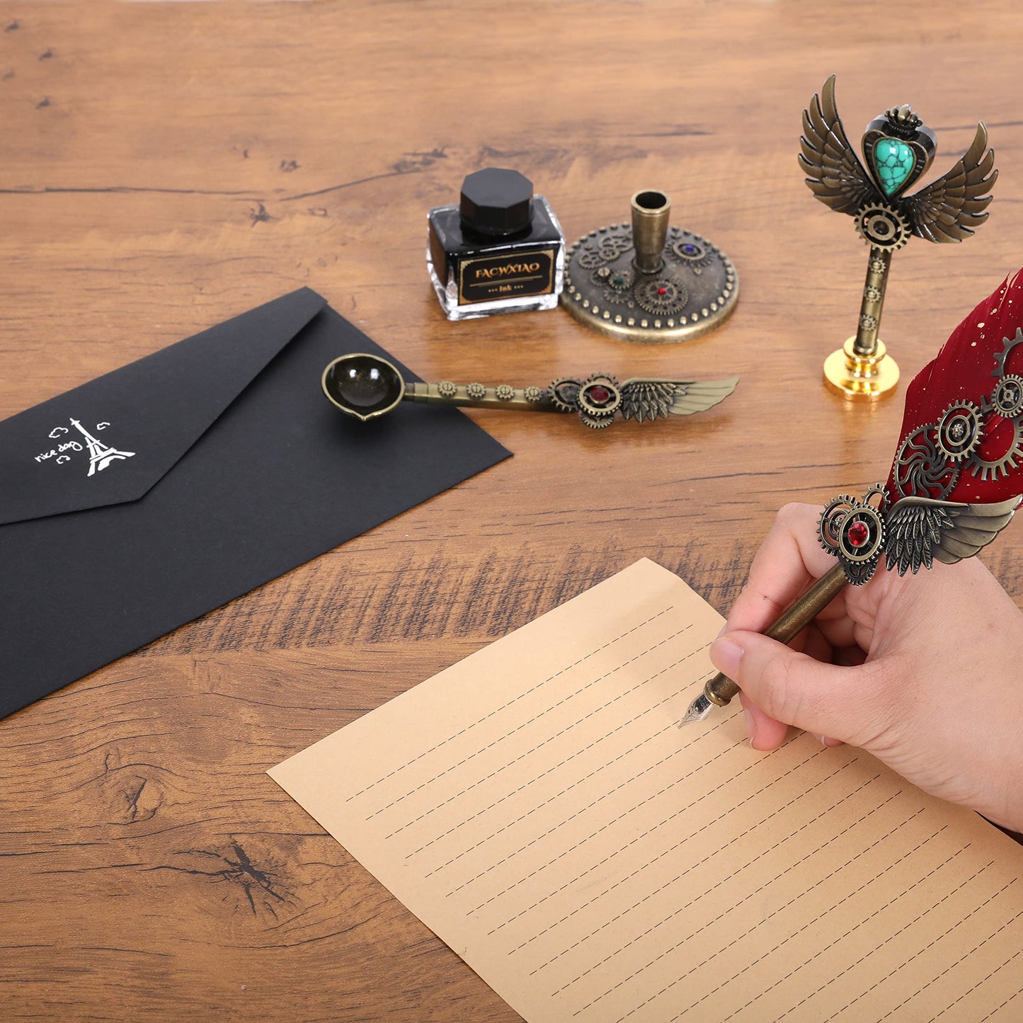 Facwxiao Quill Pen Set, Feather Pen, Ink, Bookmarks, Seals, Nibs, Wax Bead, Envelopes, Writing Paper, Gift Box, Red