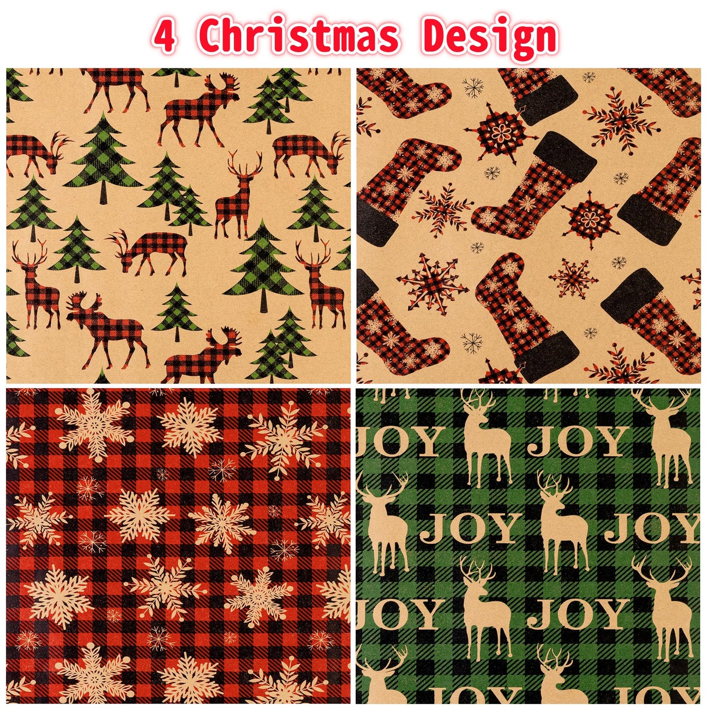 Christmas Wrapping Paper (4 Rolls: 93 sq. ft. ttl) - Red/Green and Black Plaid Grid Patterns, Stockings Snowflakes Pine Tree and Reindeer - Holiday Kraft Gift Paper 17 inches x 16.5 feet Per Roll