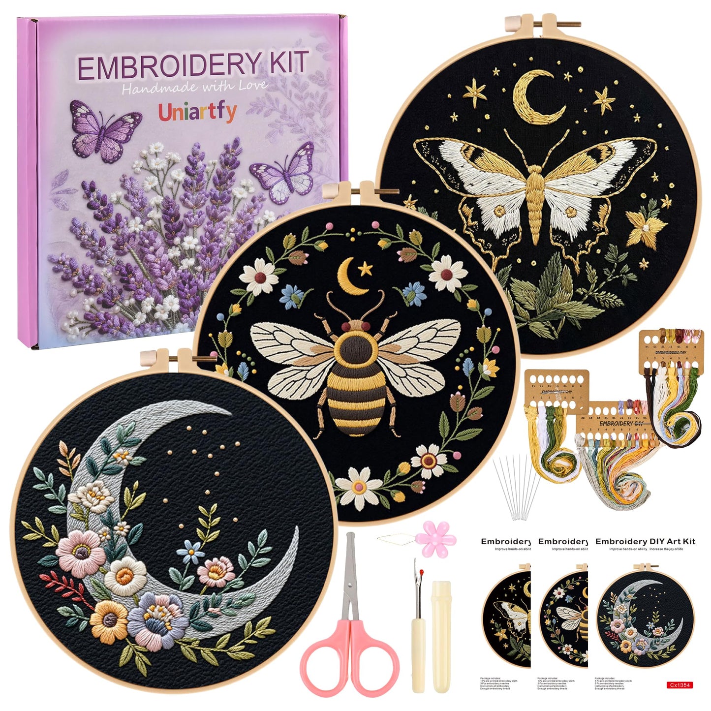 Uniartfy 3 Sets Butterfly Bee Moon Embroidery Kits for Beginners, DIY Cross Stitch Starter Craft Kit for Adults, Needlepoint Kits Including Cloth with Flower Plant Pattern, Hoop, Tools, Instructions