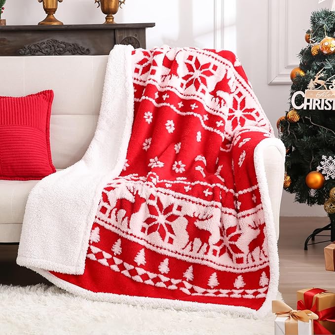 SOCHOW Christmas Holiday Jacquard Sherpa Fleece Throw Blanket, Fuzzy Warm Super Soft Reversible Plush Blanket for Bed, Sofa and Couch, 50 x 60 inches, Red